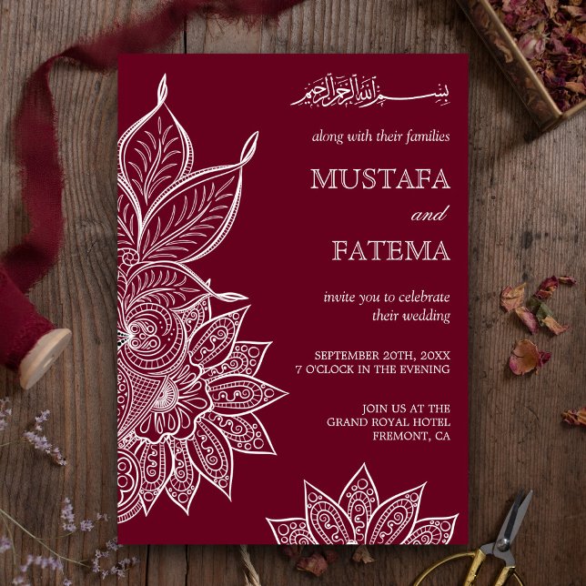 Convite Casamento Islâmico Henna Mehendi Borgonha (Criador carregado)
