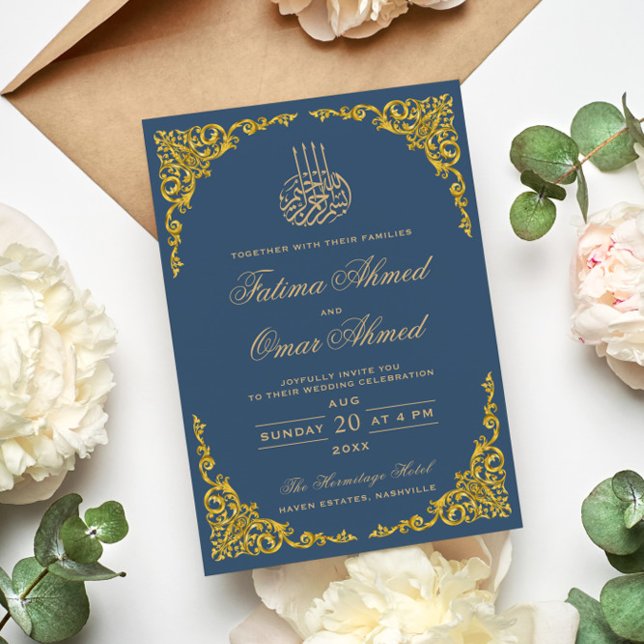 Convite Casamento Islâmico Islâmico Azul da Fronteira Dour (Criador carregado)