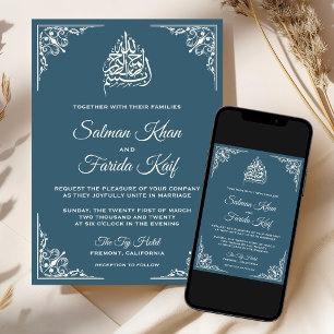 Convite Casamento Islâmico Islâmico Azul de Cream Dusty
