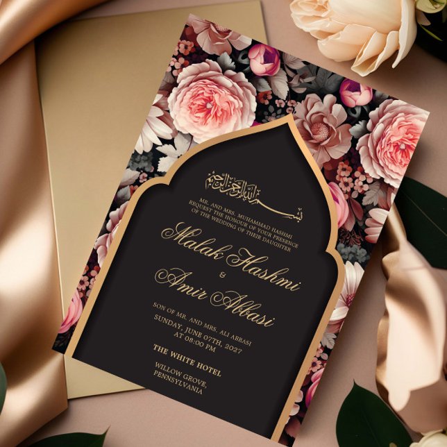Convite Casamento Islâmico Islâmico Elegante Floral e Mesq (Criador carregado)
