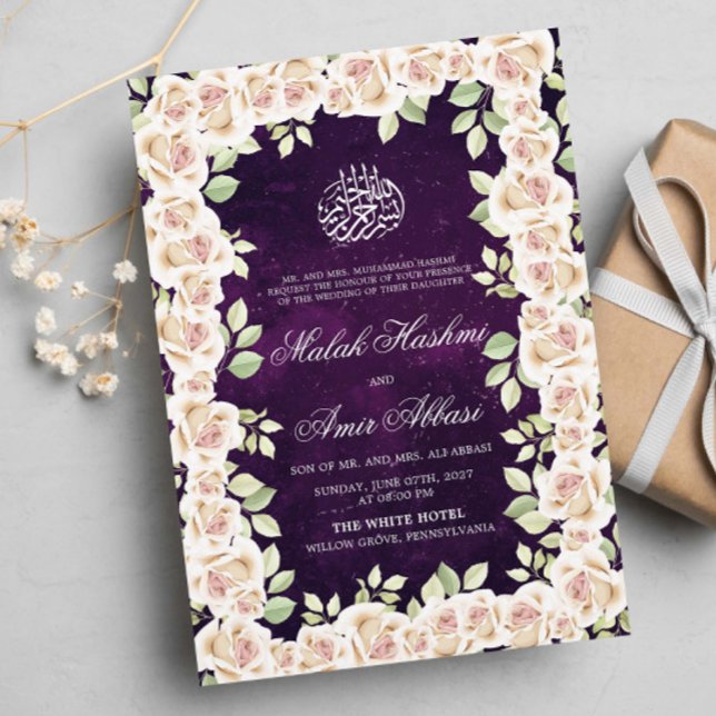 Convite Casamento Islâmico Islâmico Floral Branco Roxo (Criador carregado)
