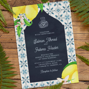 Convite Casamento Islâmico Limão Mosaico Persa Azul Marinh