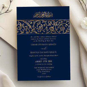Convite Casamento Islâmico Luxuoso Floral Dourado Azul Mar