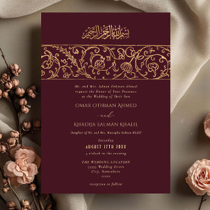 Convite Casamento Islâmico Luxuoso Floral Dourado Vermelho