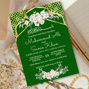 Convite Casamento Islâmico Mínimo Floral Dourado Verde