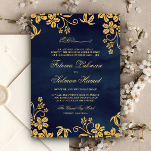 Convite Casamento Islâmico Muçulmano Azul Naval Floral Dou