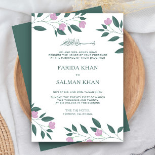Convite Casamento Islâmico Muçulmano com Galhos Rosa e Ver
