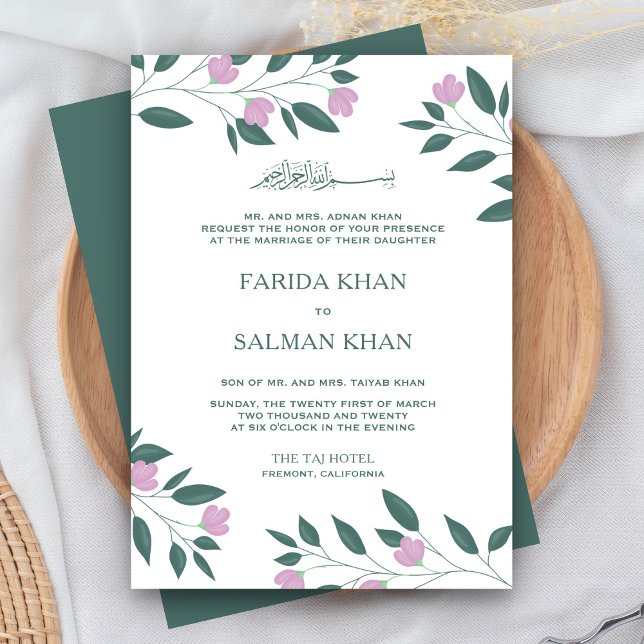 Convite Casamento Islâmico Muçulmano com Galhos Rosa e Ver (Criador carregado)