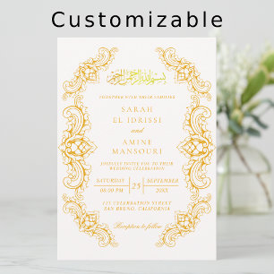 Convite Casamento Islâmico Muçulmano com Moldura Dourada P