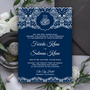 Convite Casamento Islâmico Muçulmano com Renda Azul Marinh