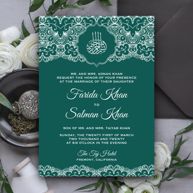 Convite Casamento Islâmico Muçulmano com Renda Azul-Verde  (Criador carregado)