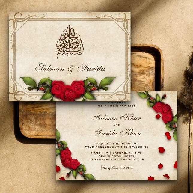 Convite Casamento Islâmico Muçulmano com Rosas Vermelhas R (Criador carregado)