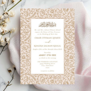Convite Casamento Islâmico Muçulmano Creme e Dourado Flora