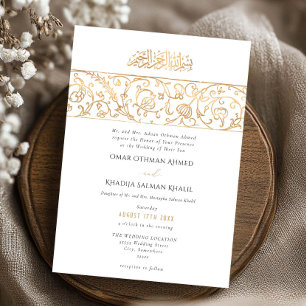 Convite Casamento Islâmico Muçulmano de Luxo Floral Dourad