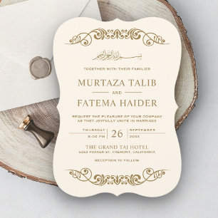 Convite Casamento Islâmico Muçulmano Dourado Creme com Flo