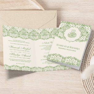 Convite Casamento Islâmico Muçulmano em Creme e Verde com
