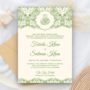 Convite Casamento Islâmico Muçulmano em Creme e Verde com