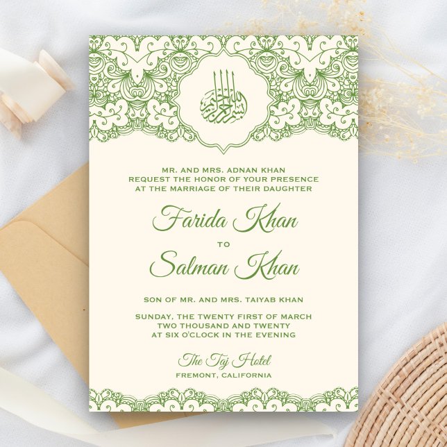 Convite Casamento Islâmico Muçulmano em Creme e Verde com  (Criador carregado)