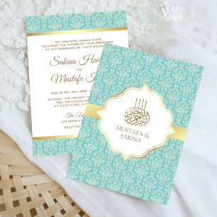 Convite Casamento Islâmico Muçulmano em Damasco Dourado e 