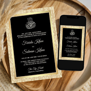 Convite Casamento Islâmico Muçulmano em Damasco Preto Crem