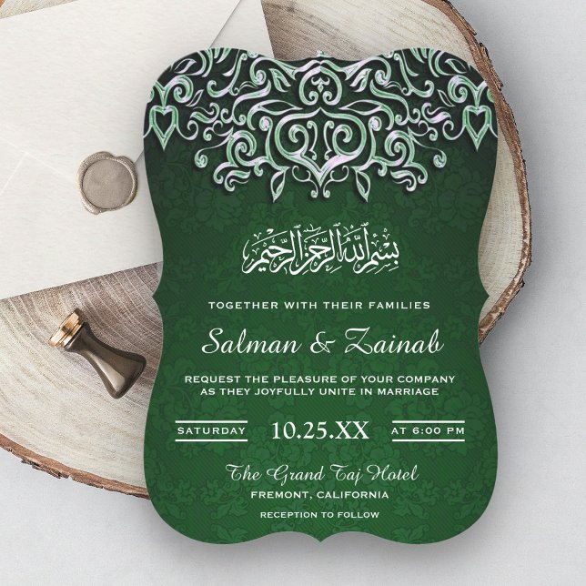 Convite Casamento Islâmico Muçulmano Emerald Green Damask (Criador carregado)