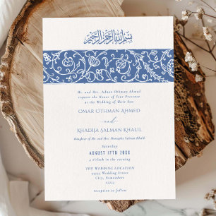 Convite Casamento Islâmico Muçulmano Floral Azul Luxuoso