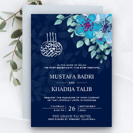 Convite Casamento Islâmico Muçulmano Floral Azul Moderno à