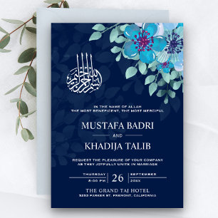 Convite Casamento Islâmico Muçulmano Floral Azul Moderno à