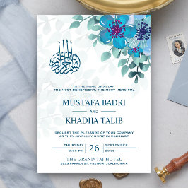 Convite Casamento Islâmico Muçulmano Floral Azul Oceano Mo