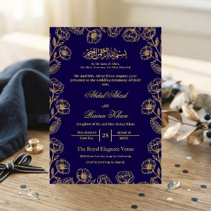 Convite Casamento Islâmico Muçulmano Floral Azul Real e Do