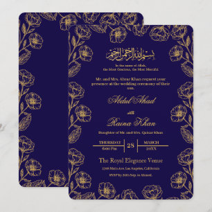 Convite Casamento Islâmico Muçulmano Floral Azul Real e Do