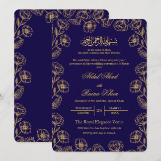 Convite Casamento Islâmico Muçulmano Floral Azul Real e Do