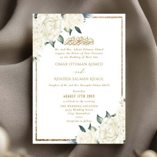 Convite Casamento Islâmico Muçulmano Floral Branco Brilho