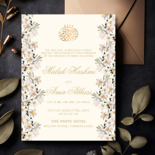 Convite Casamento Islâmico Muçulmano Floral Branco Dourado