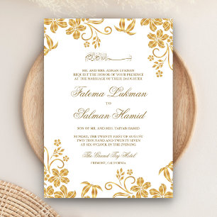 Convite Casamento Islâmico Muçulmano Floral Branco e Doura