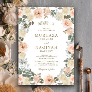 Convite Casamento Islâmico Muçulmano Floral de Pêssego Mod