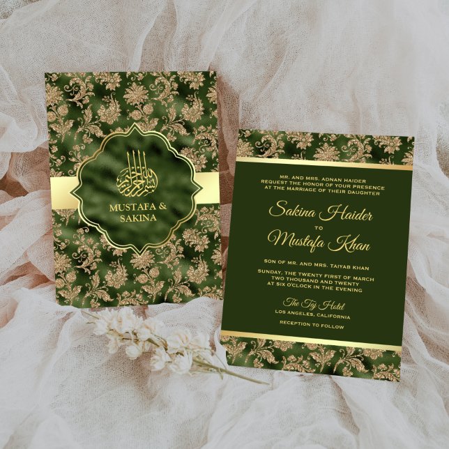 Convite Casamento Islâmico Muçulmano Floral Dourado Caçado (Criador carregado)