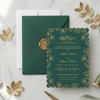 Convite Casamento Islâmico Muçulmano Floral em Dourado e T
