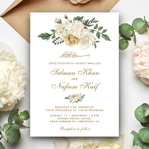 Convite Casamento Islâmico Muçulmano Floral Marfim Elegant