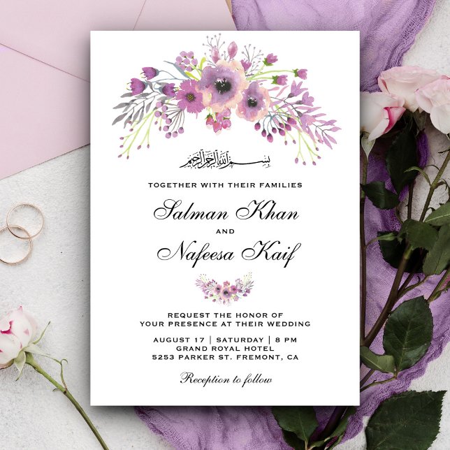 Convite Casamento Islâmico Muçulmano Floral Roxo Rústico (Criador carregado)