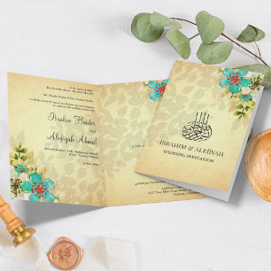 Convite Casamento Islâmico Muçulmano Floral Turquesa Rústi