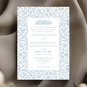 Convite Casamento Islâmico Muçulmano Floral Vintage Azul P
