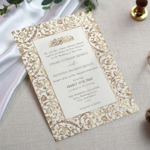 Convite Casamento Islâmico Muçulmano Floral Vintage Dourad