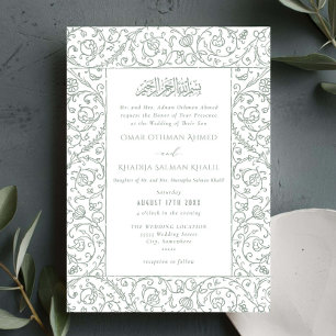 Convite Casamento Islâmico Muçulmano Floral Vintage Sage V