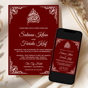 Convite Casamento Islâmico Muçulmano Marrom Vermelho Creme