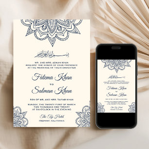 Convite Casamento Islâmico Muçulmano Mehndi Azul Creme