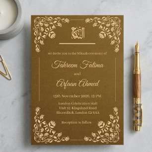 Convite Casamento Islâmico Muçulmano Nikkah Floral em Ouro