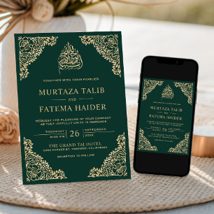 Convite Casamento Islâmico Muçulmano Ouro Esmeralda Ornado