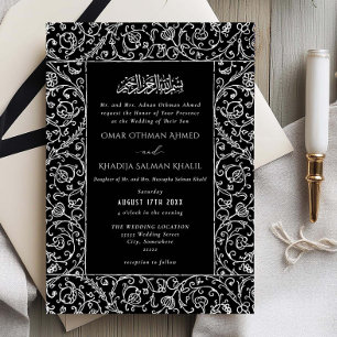 Convite Casamento Islâmico Muçulmano Preto Branco Floral V