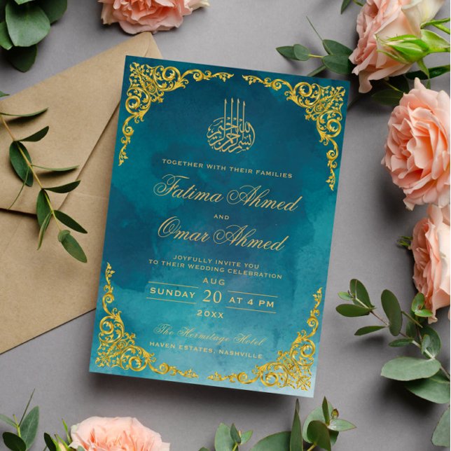 Convite Casamento Islâmico Muçulmano Turquesa Bordado Chic (Criador carregado)